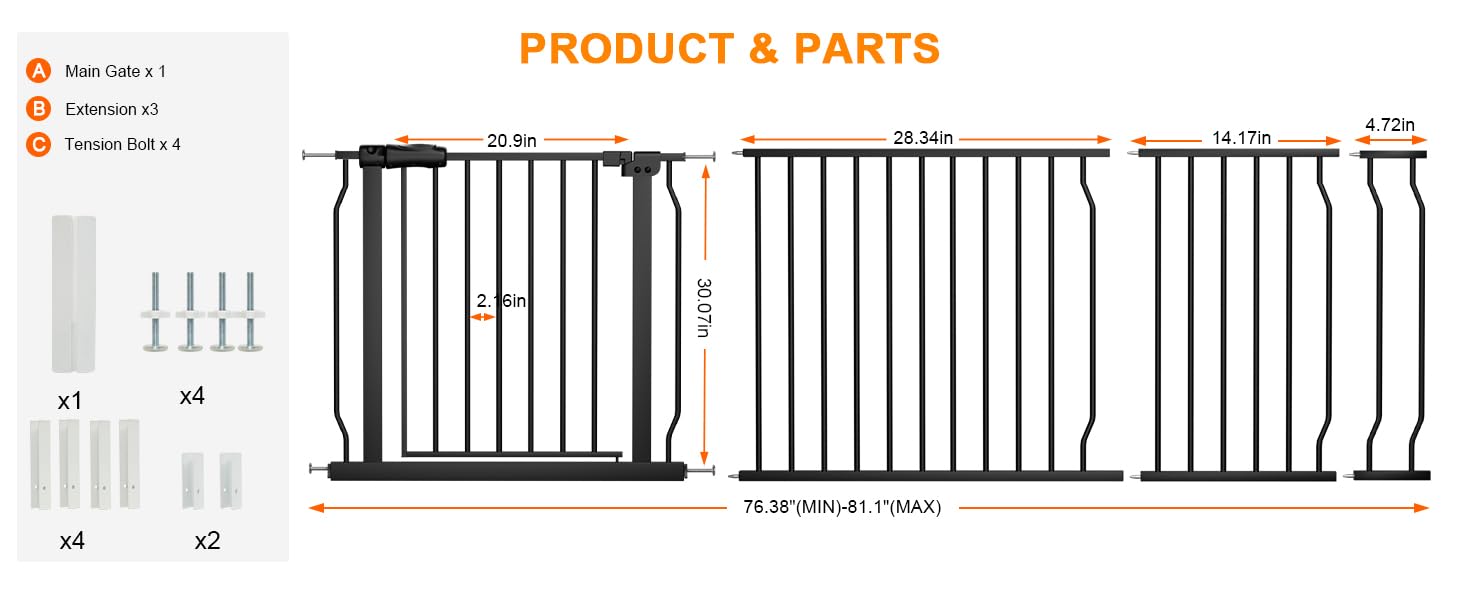 HOOOEN Extra Wide Baby Gate Extra Wide Extra Tall Dog Gates for Stairs Doorways Black Metal Tension Indoor Safety Gates with Pressure Mount 76.38-81.1 Inch