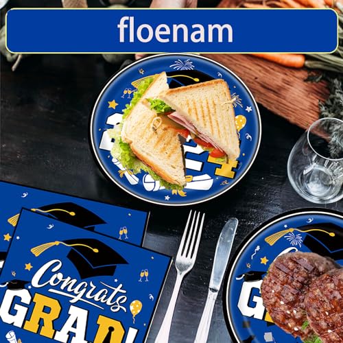 Graduation Party Plates and Napkins 2024, Blue and Gold Graduation Party Supplies Congrats Grad Party Decorations Class of 2024, Graduation Tablecloth,Banner,Serve 25