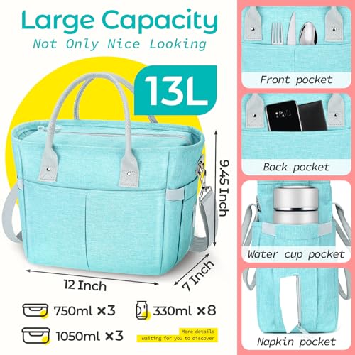 KIPBELIF Cute & Roomy Lunch Box for Women – Adults Large Insulated Lunch Bag with Shoulder Strap, Multi-Pockets, and Water Bottle Holder for Work, Picnic, and Outdoors (Extra Large Size, Aqua Green)