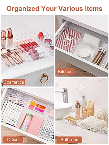 SMARTAKE 13-Piece Drawer Organizer with Non-Slip Silicone Pads, 5-Size Desk Drawer Organizer Trays Storage Tray for Makeup, Jewelries, Utensils in Bedroom Dresser, Office and Kitchen (Clear)