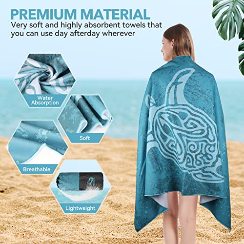 DECOMEN Beach Towel, Microfiber Beach Towels, Oversized Lightweight Quick Dry (73" x 32") Sand Proof, Absorbent, Compact, Beach Blanket, for Swimming,Sports,Gym-Sea Turtle&Sea Wave