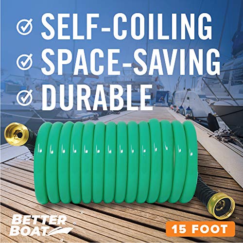 15FT Coiled Boat Hose, Expandable Coil Water Hose, Marine Grade 3/4 Inch Connectors, Perfect for RV Wash, Garden, and Marine Washdown, Self-Recoil Design, 15 Foot Length