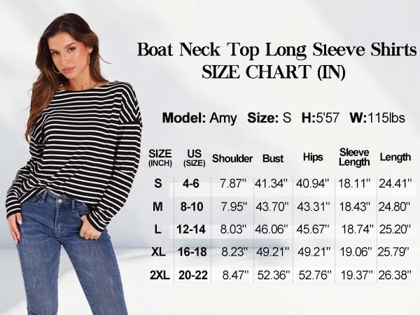 OFEEFAN Long Sleeve Shirts for Women 2024 Boat Neck Striped Shirt Womens Long Sleeve Tops Loose Womens Tunic Tops Apricot Green Stripe L