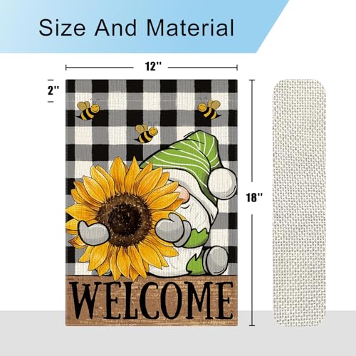 DLZDN Sunflower Gnome Garden Flag 12×18 Inch Double Sided Buffalo Plaid Farmhouse Welcome Yard Flag Spring Summer Seasonal Outdoor Decor