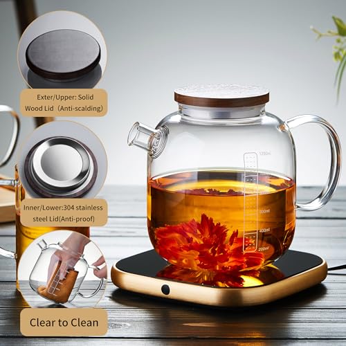 Glass Teapot with Infuser and Lid 40.6 fl oz, Stovetop Gas Safe, Thickened Heat Resistant Borosilicate Glass Tea Kettle