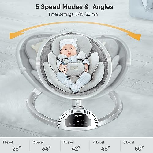BabyBond Baby Swings for Infants, Bluetooth Infant Swing with Music Speaker, 3 Seat Positions, 5 Point Harness Belt, 5 Speeds and Remote Control - Portable Baby Swing for Indoor and Outdoor (Black)