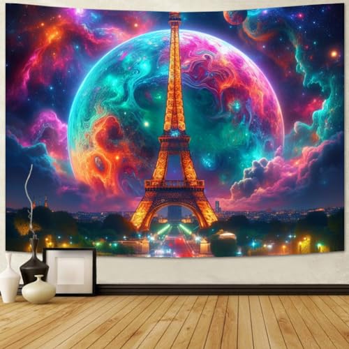 Trippy Planet Tapestry Paris Eiffel Tower Tapestry Galaxy Space Tapestry Magical Neon Starry Stars Wall Tapestry Aesthetic City Landscape Wall Hanging for Living Room