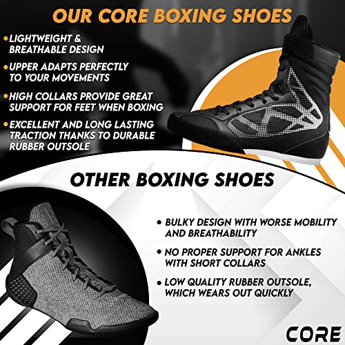CORE Boxing Shoes - Lightweight Boxing Shoes for Men & Women - Boxing Training Shoes with High Support – High Traction Boxing Boots - Breathable Lace Up Boxer Shoes – Mens Kickboxing Shoes White