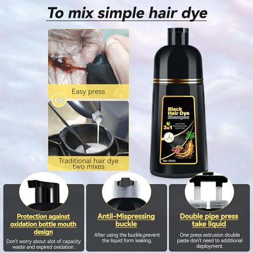 JIESSIA 3 IN 1 Hair Color Shampoo Dye For Women & Men Natural Herbal Plant Semi Permanent Grey Hair Cover Treated, 16.9 Fl Oz, Black