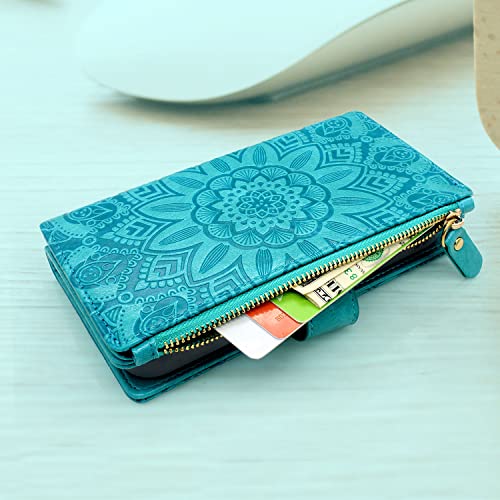 Harryshell Detachable Magnetic Case Wallet with Cash Coin Zipper Pocket 12 Card Slots Holder Wrist Strap Lanyard Compatible with Google Pixel 7 5G (2022) (Flower Blue Green)