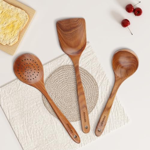 Mooues Wooden Spoons for Cooking, Wooden Utensils for Cooking Natural Teak Wooden Kitchen Utensils Set Comfort Grip (3 PCS SET)