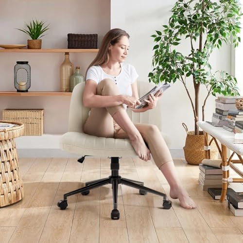 IWMH Armless Wide Seat Office Chair, Criss Cross Legged Desk Chair with Wheels, Height Adjustable Computer Task Chair,Wide Seat Swivel Vanity Chair for Home,Office,Bedroom, Make Up, Small Space,Beige
