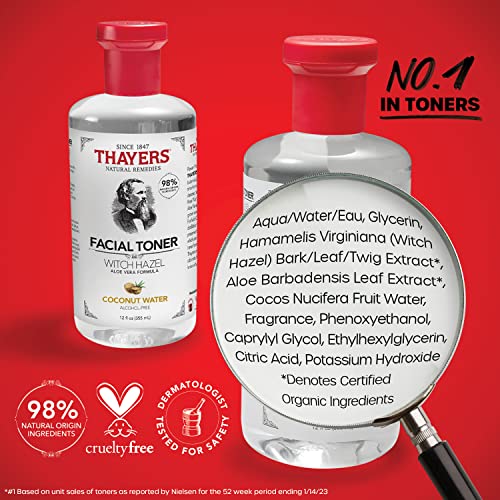 THAYERS Alcohol-Free, Hydrating Coconut Water Witch Hazel Facial Toner with Aloe Vera Formula, Vegan, Dermatologist Tested and Recommended, 12 Oz