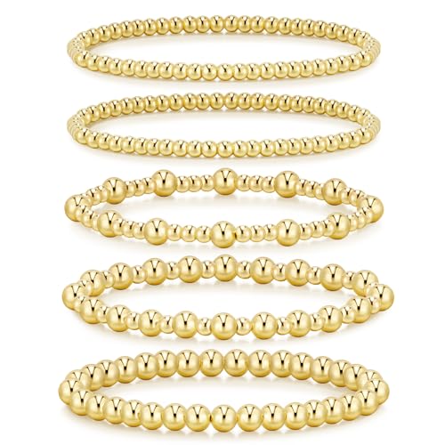 adoyi Gold Bracelets for Women, 14K Gold Plated Beaded Bracelets Stretch Bead Ball Bracelet stack Set Adjustable Gold Jewelry for Womens (5PCS Gold-A)