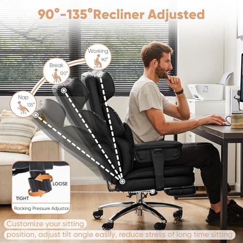 Sweetcrispy Executive Home Office Desk Chair Ergonomic Big Tall High Back with Footrest & Lumbar Support, Reclining Height Adjustable Comfy PU Leather Computer Gaming with Swivel Wheels, Black