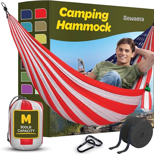 Durable Hammock 500 lb Capacity, Nylon Camping Hammock Chair - Double or Single Sizes w/Tree Straps and Attached Carry Bag - Portable for Travel/Backpacking/Beach/Backyard (Large, Yellow & Blue)