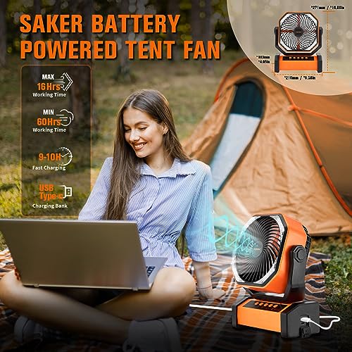 Saker Rechargeable Camping Fan-20000mAh Battery Powered Tent Fans with LED Lantern,Hanging Hook,Auto-Oscillating,Quiet Portable Ceiling Table Fan for Car Travel RV Camp Hurricane Emergency