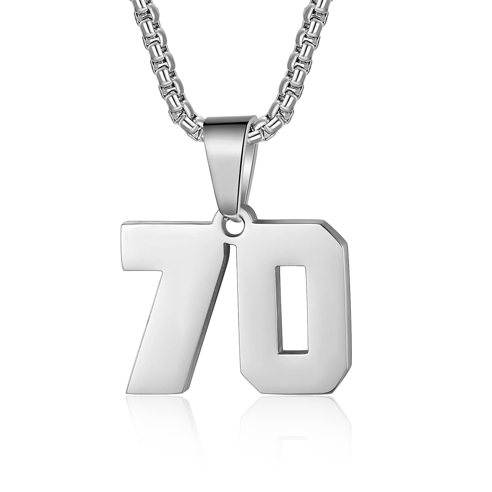 Number Necklace for Boy Silver Stainless Steel Athletes Jersey Number Chain Personalized 00-99 Charm Pendant Inspirational Sports Jewelry Gift for Men Basketball Baseball Football(70)Over 18 years old