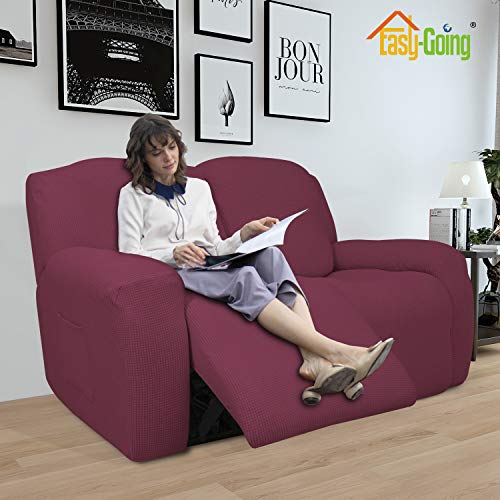 Easy-Going 8 Pieces Recliner Sofa Stretch Sofa Slipcover Sofa Cover Furniture Protector Couch Soft with Elastic Bottom Kids, Spandex Jacquard Fabric Small Checks Greyish Green