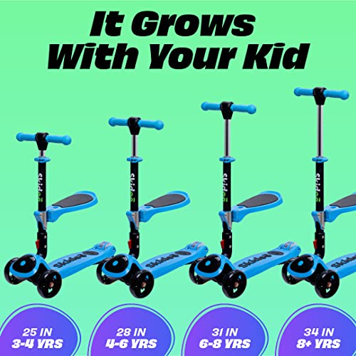 SKIDEE Kick Scooters for Kids (Suitable for 2-12 Year Old) Adjustable Height Foldable Scooter Removable Seat, 3 LED Light Wheels, Rear Brake, Wide Standing Board, Outdoor Activities for Boys/Girls