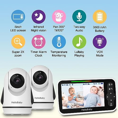 HelloBaby Video Baby Monitor with 2 Cameras and 5 Inch Split Screen Display, Remote Control Cameras with Night Vision and Temprature Monitoring