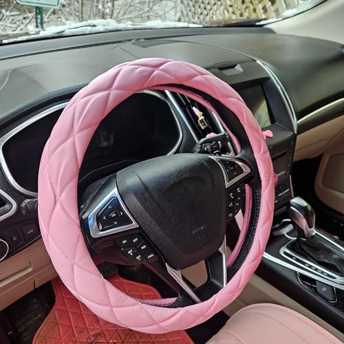 YHONGJT Soft Microfiber Leather Steering Wheel Cover, Universal 15 Inch for Women Girls, Fit Vehicles, Sedans, SUVs, Vans, Trucks - Light Pink