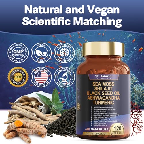 25-in-1 Sea Moss Black Seed Oil Ashwagandha Ginger Shilajit Supplement 18525mg, Sea Moss Capsules with Bladder Burdock Ceylon Cinnamon Berberine ACV Manuka VIT C&D3 for Immune, Gut & Energy, 120 Caps