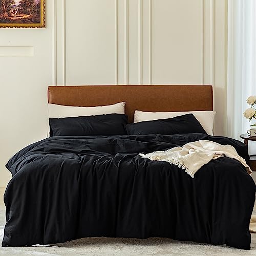 FOSSA Duvet Cover Set, 100% Washed Cotton Linen Feel Super Soft Breathable Cozy Simple Style 3 Pieces Bedding Sets Solid Off White California King