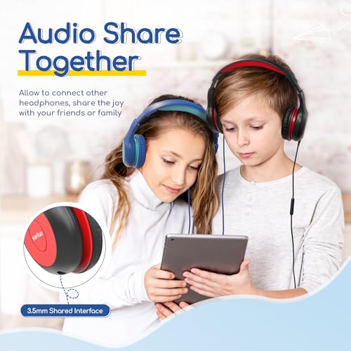 EarFun Kids Headphones Wired with Microphone, 85/94dB Volume Limit Headphones for Kids, Portable Wired Headphones with Shareport, Stereo Sound Foldable Headset for School/Tablet/PC/Kindle, Black Red