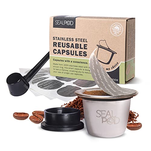 SEAL POD Refillable Coffee Capsules – Stainless Steel Refillable Pods Compatible with Nespresso Original Machines- Eco-Friendly Reuse Espresso filters – Pack of 1 Coffee Pod, 100 Lids