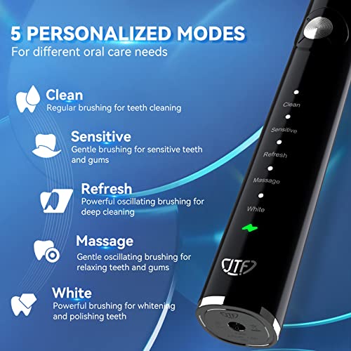 JTF Sonic Electric Toothbrush for Adults - Teeth Whitening Toothbrush with 6 Brush Heads and a Travel Case, Fast Charging for 60 Days Use Waterproof Toothbrushes, Black