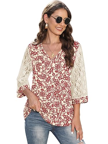 QUEZHU Blouses for Women 3/4 Sleeve V Neck Business Casual Blouse Elegant Dressy Chiffon Work Blouse,Floral White,Small