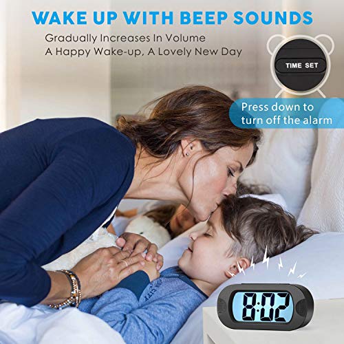 Plumeet Kids Alarm Clock Large Digital LCD Travel Alarm Clocks with Snooze and Night Light - Ascending Sound and Handheld Size - Best Gift for Kids (Black)