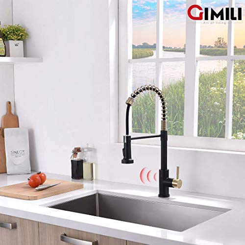 GIMILI Black and Gold Touchless Kitchen Faucet with Pull Down Sprayer, Motion Sensor Smart Hands-Free Activated Single Hole Spring Faucet for Kitchen Sink, Matte Black&Brushed Gold