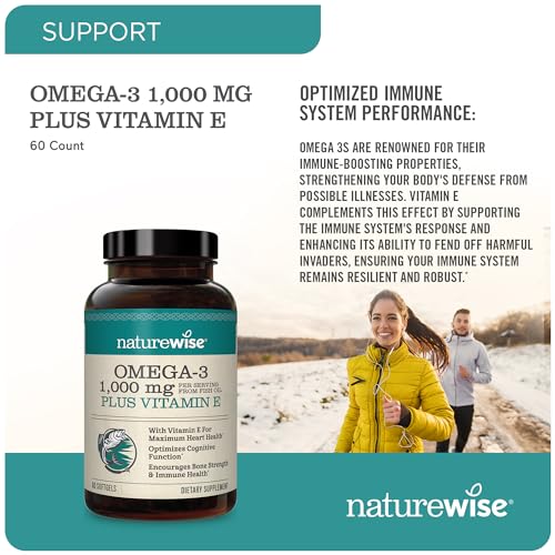 NatureWise Extra-Strength Omega 3 Fish Oil Supplement - 1000mg per Serving - 600 EPA & 400 DHA and Vitamin E - Support for Heart & Brain Health - Lemon Flavor, Non-GMO - 60 Softgels[1-Month Supply]