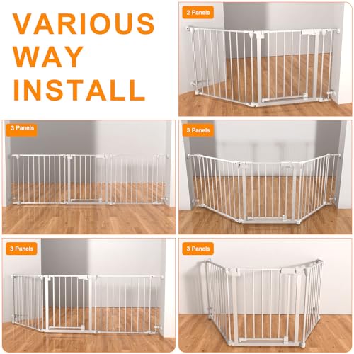 25.6" Tall Baby Gate,80" Extra Wide Baby Gate Easy to Pass,Auto Close Dog Gate with Door Walk Through, Pet for House Stairs Doorways Fireplace, 3 Metal Panels, Hardware Mounted Baby Fence(White)