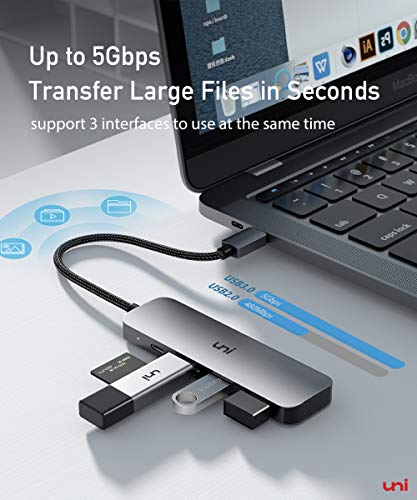 uni USB C to USB 3.0 Hub with 100W PD-in, (Slim& Aluminum& Nylon) USB Type C to USB Adapter with 3*USB A, USB-C Power Delivery Compatible with MacBook Pro, XPS, Pixelbook, 0.4FT (Not Support Video)