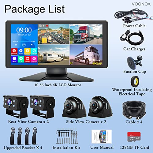 4K RV Backup Camera System 10.36" Quad Split Touch Screen Monitor with 4 1080P Rear Side View Camera, DVR Recording Bluetooth MP3 MP5 IP69 Waterproof Night Vision for RV Truck Trailer Tractor