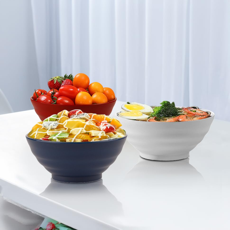 JEPISADI Versatile Set of 12 Ramen Bowls - 6.2 Inches Salad Bowls - Ideal for Soup, Salad Dressing, Udon,Cereal,pho, Rice,Ideal for Camping Trips and Picnics - Red, White, Blue