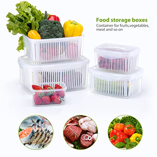 LUXEAR Fruit Vegetable Produce Storage Saver Containers with Lid & Colander 4 Packs BPA-Free Plastic Fresh Keeper Set | Refrigerator Fridge Organizer | for Salad Berry Lettuce Food Meat Fish Celery