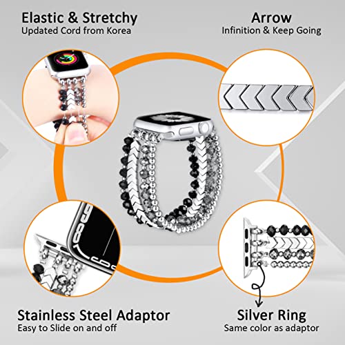 fastgo Beaded Bracelet Band Compatible with Apple Watch 45mm 44mm 42mm 49mm Women Series 7, Crystal Elastic Stretchy Strap for Iwatch SE & Series 9 Ultra 8 7 6 5 4 3 2 1(Black/Silver)
