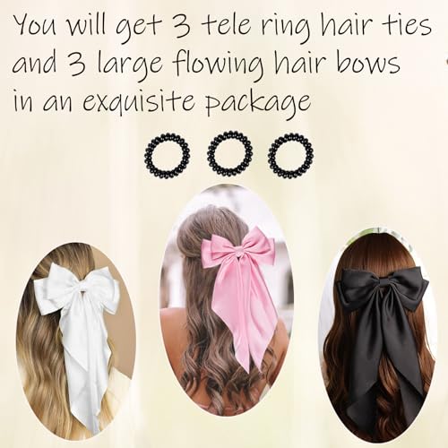 Wdnew 3Pcs Large Satin Hair Bows for Women - Bow Clips, Hair Barrettes and Accessories (3 count, Black Pink White)