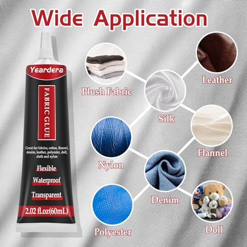 Yeardera Fabric Glue, Clear Fabric Glue for Clothing Permanent Washable, Fabric Fusion Glue for All Fabrics, Clothes, Leather, Cotton, Flannel, Denim, Polyester, Doll Repair (Fabric Glue 2 Pack)
