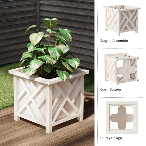 Lattice Design Planter Box 2-Pack – 14.75-Inch Decorative Outdoor Flower or Plant Pots – Front Porch, Patio, and Garden Decor by Pure Garden (White)