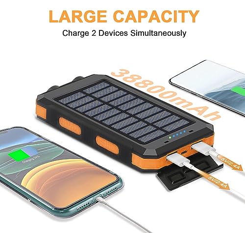 Solar Charger, 38800mAh Portable Solar Power Bank for All Cellphones, Waterproof Battery Pack, Outdoor External Backup Power Charger Dual USB 5V Outputs/LED Flashlights, Perfect for Camping Travel