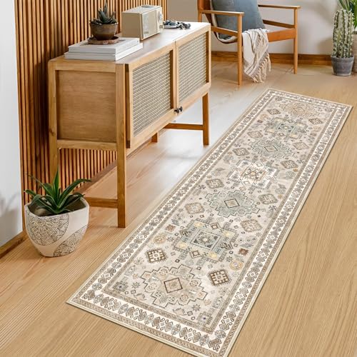 Pauwer Runner Rug 2x6 Non-Slip Washable Low-Pile Accent Rug, Vintage Distressed Throw Carpet, Hallway Kitchen Mat Non-Shedding, Living Room Entryway Foyer Bedroom Area Rug(Beige, 2'x6' Ft)