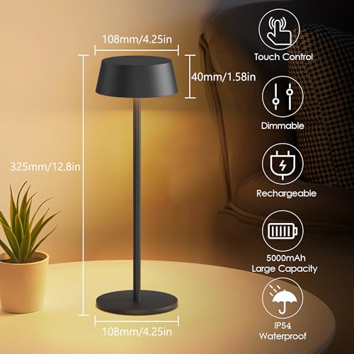 Aipsun Table Lamps Set of 2, Gold Battery Operated Table Lamp Cordless Outdoor Touch LED Table Lamp for Restaurant/Living Room/Bedroom 3000K Warm Light IP54 Waterproof