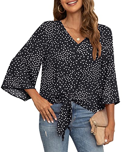 VIISHOW Women's V Neck Tops 3/4 Sleeve Tie Knot Blouses Casual Button Decorative Work Shirts,Wine red,Medium