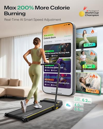 UREVO Strol 2E Smart 2-in-1 Folding Treadmill, Compact Walking Pad with Safety Handle, Plug and Play, Dual LED Display, Workout APP, Walking or Running for Home Office, Remote Included, Flaxen