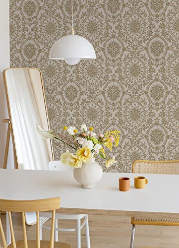 RoomMates RMK12572PL Taupe and Gold Boho Baroque Damask Peel and Stick Wallpaper, Neutral